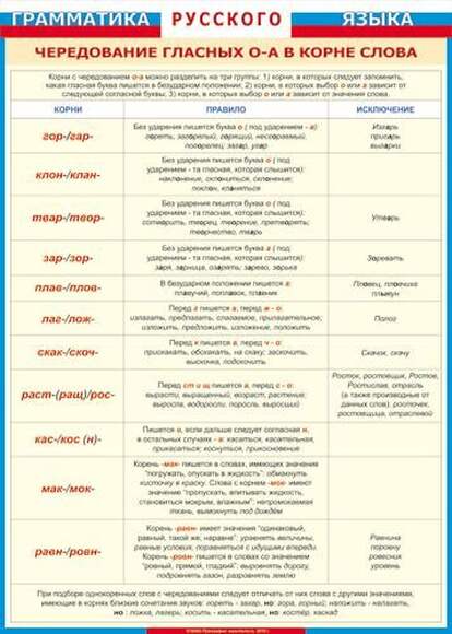 Таблица Чередование гласных о - а в корне слов винил 700х1000