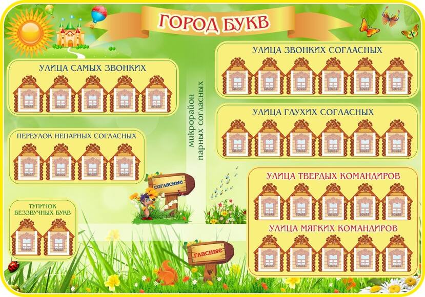 "Город букв", резной стенд, 1х0,7 м, 33 кармана 50х55 мм