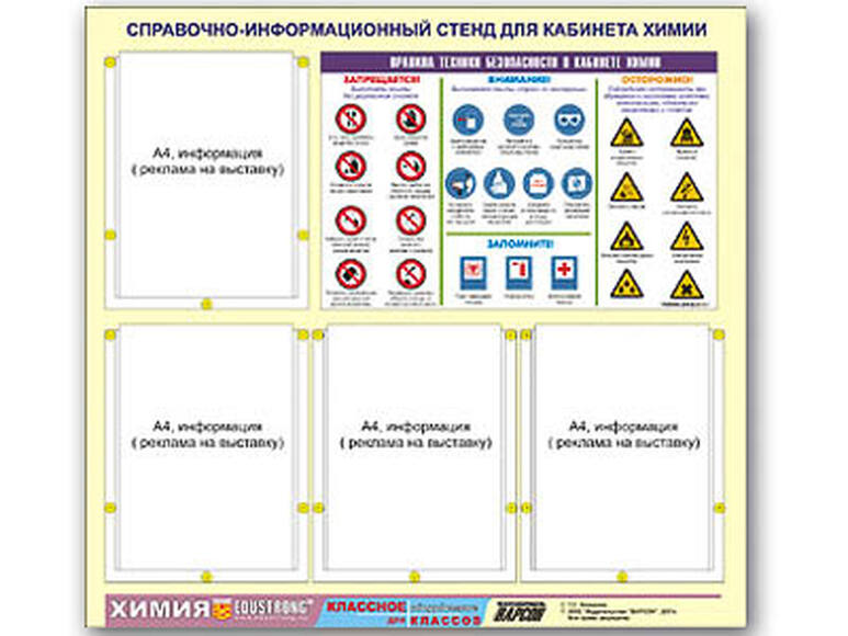 Стенд информационный ЭДУСТЕНД "Правила техники безопасности в кабинете химии" (80х75, 4 кармана)