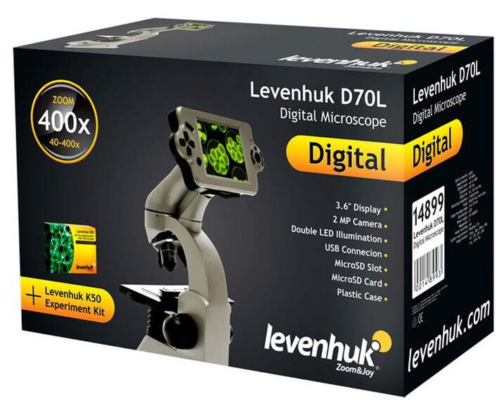 Микроскоп цифровой Levenhuk D70L, монокулярный (в комплекте набор для опытов), 40–1600x