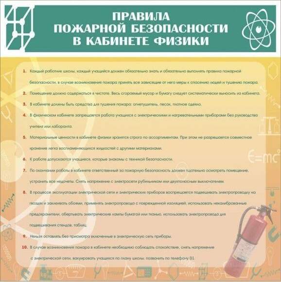 Стенд Правила пож. безопасности в кабинете физики 0,9x0,9 м, без карманов
